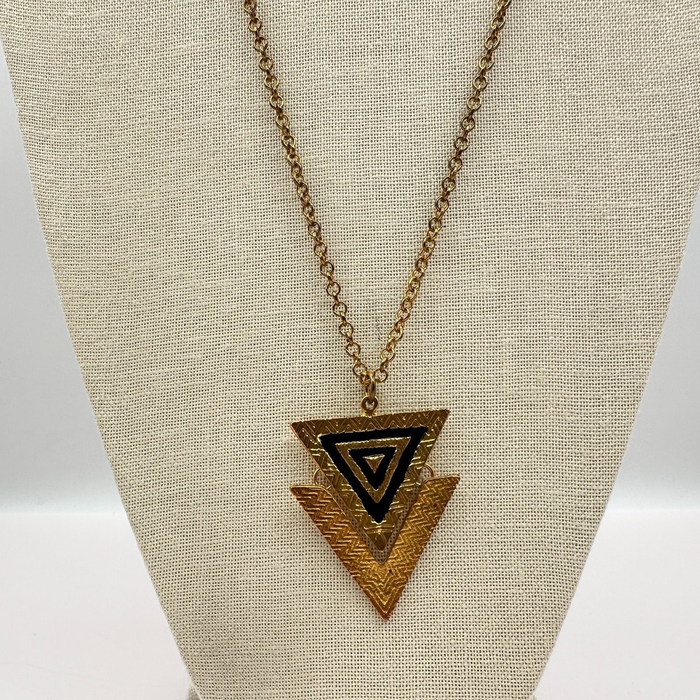 Vintage 80s Gold Tone Black Enamel Geometric Triangle Pendant Necklace Boho 90s